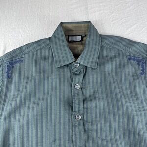191 Unlimited Shirt Mens XXL Green Blue Striped Yoke Embroidered Long Sleeve Top